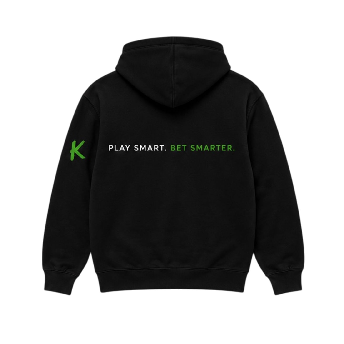 A black pullover hoodie shown from the back, featuring the text 'PLAY SMART. BET SMARTER.