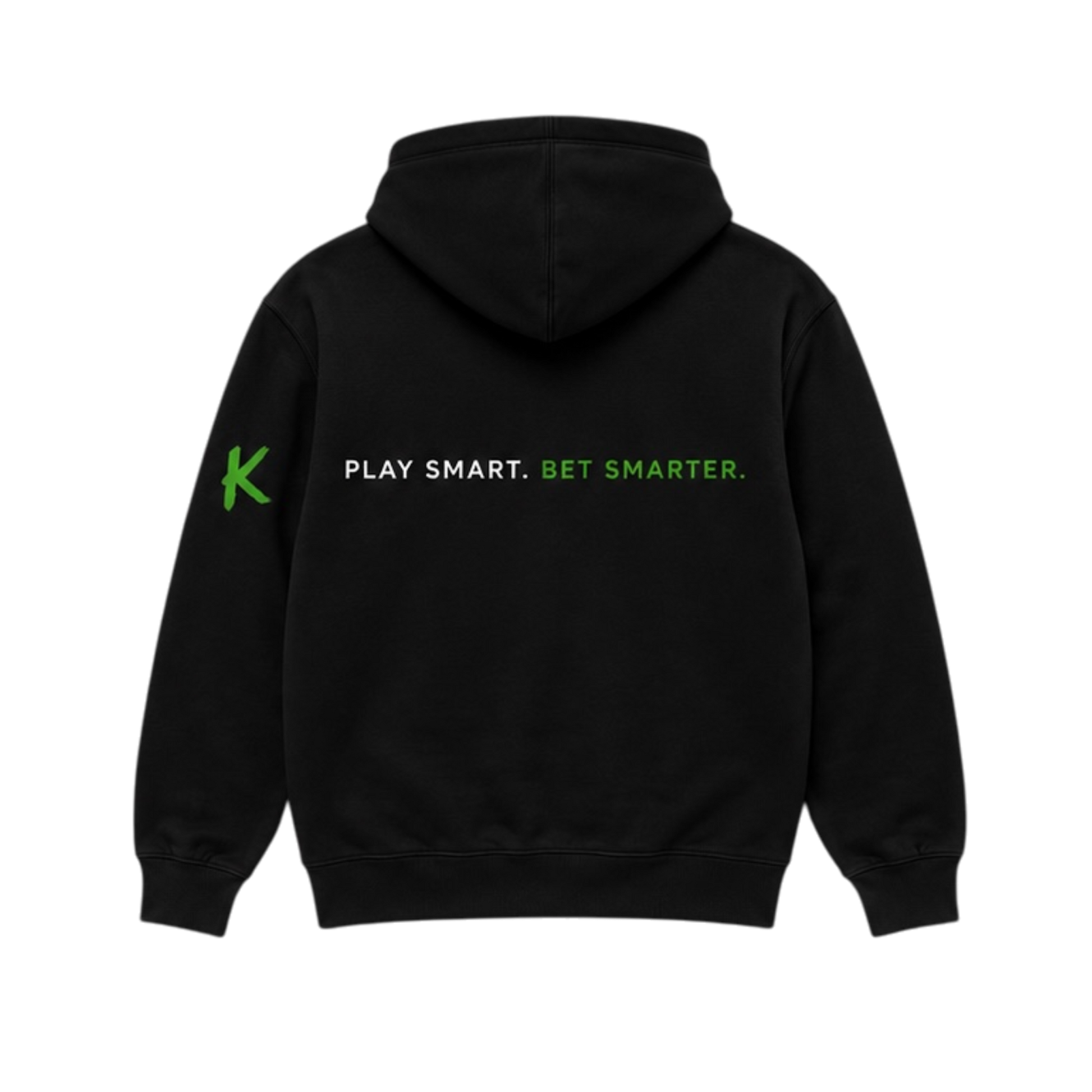 A black pullover hoodie shown from the back, featuring the text 'PLAY SMART. BET SMARTER.